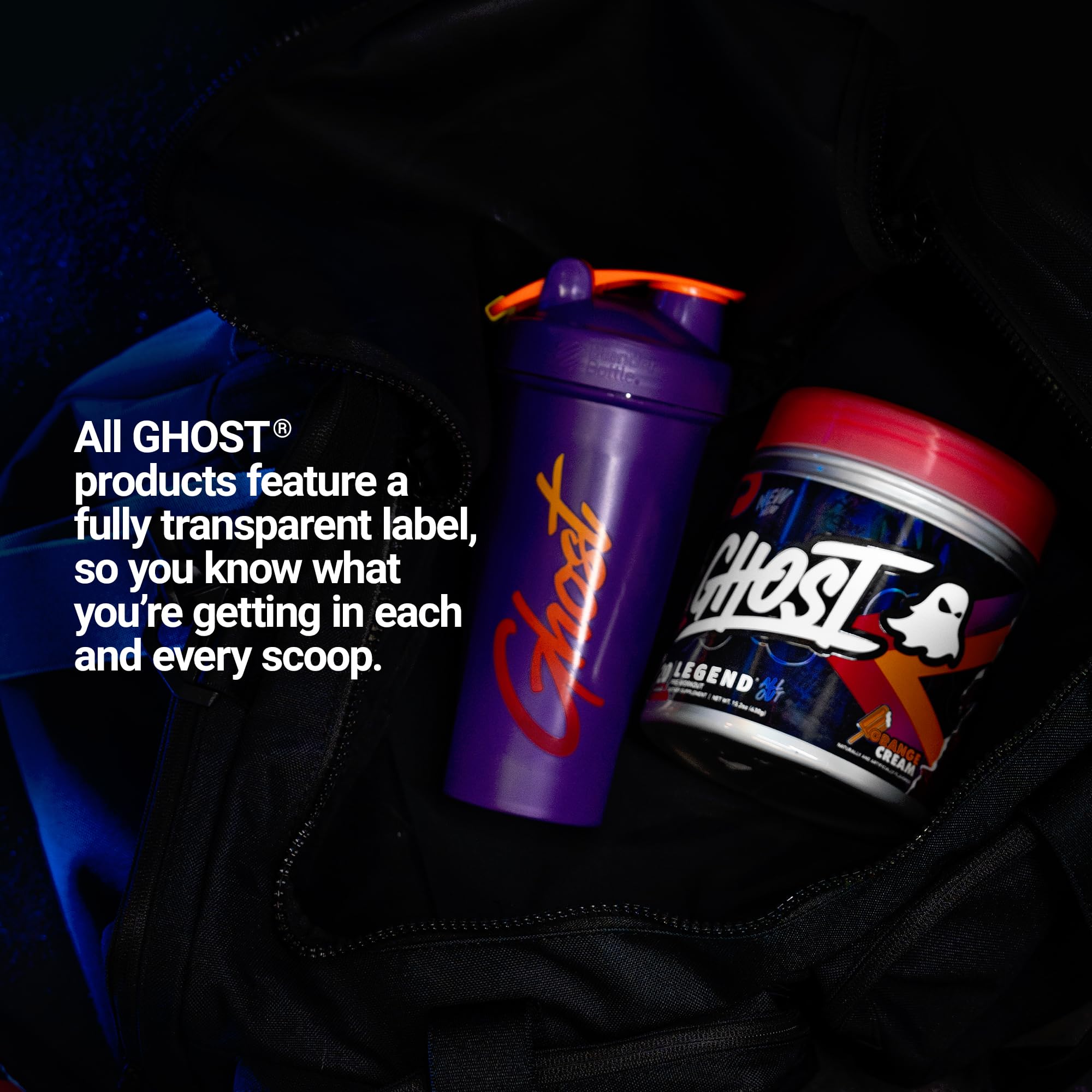 GHOST etiqueta transparente detallando dosis completas de ingredientes