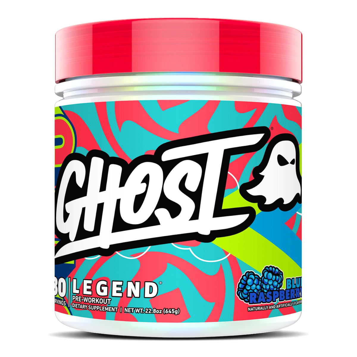 GHOST envase frontal Blue Raspberry mostrando formato y diseño atractivo
