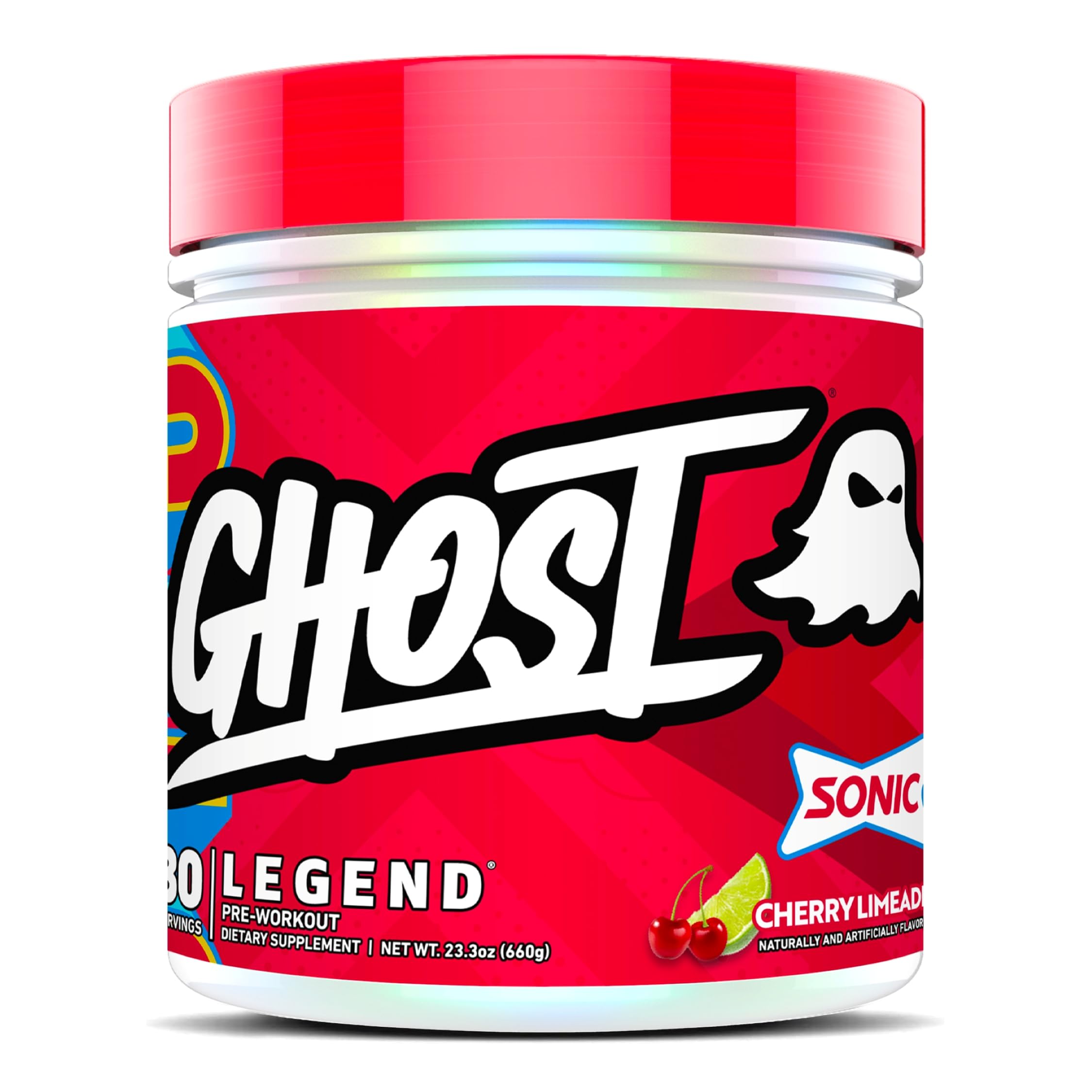GHOST Legend frente del envase mostrando sabor Sonic Cherry Limeade y atractivo visual