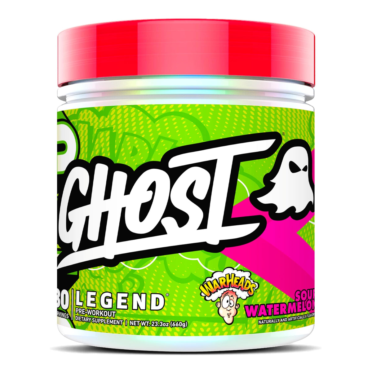 GHOST envase frontal Warheads Sour Watermelon mostrando diseño y beneficios
