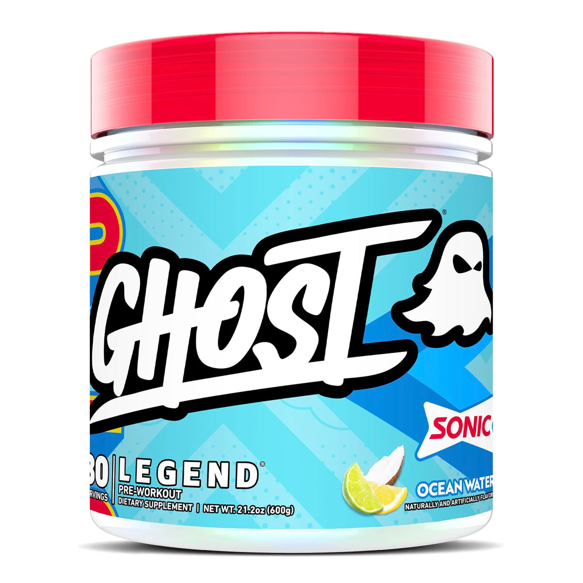 GHOST envase frontal Sonic Ocean Water mostrando diseño y beneficios visibles