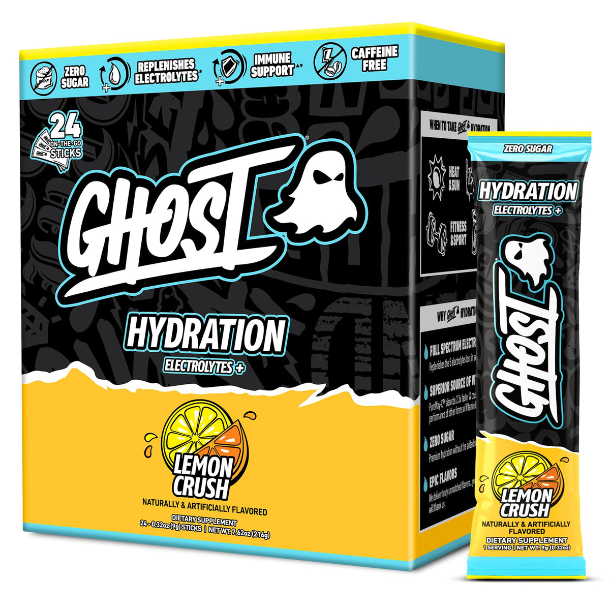 GHOST empaque frontal Lemon Crush mostrando 24 sobres y beneficios