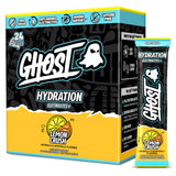 GHOST empaque frontal Lemon Crush mostrando 24 sobres y beneficios