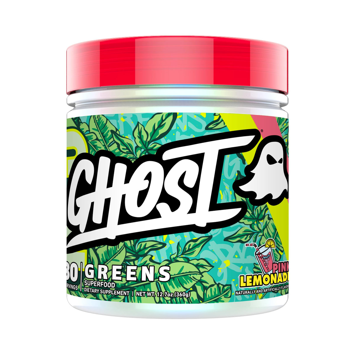 GHOST pote frontal Pink Lemonade mostrando etiqueta transparente y beneficios
