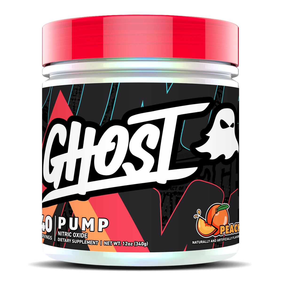 GHOST bote frontal con sabor Peach mostrando 40 servicios y diseño visible
