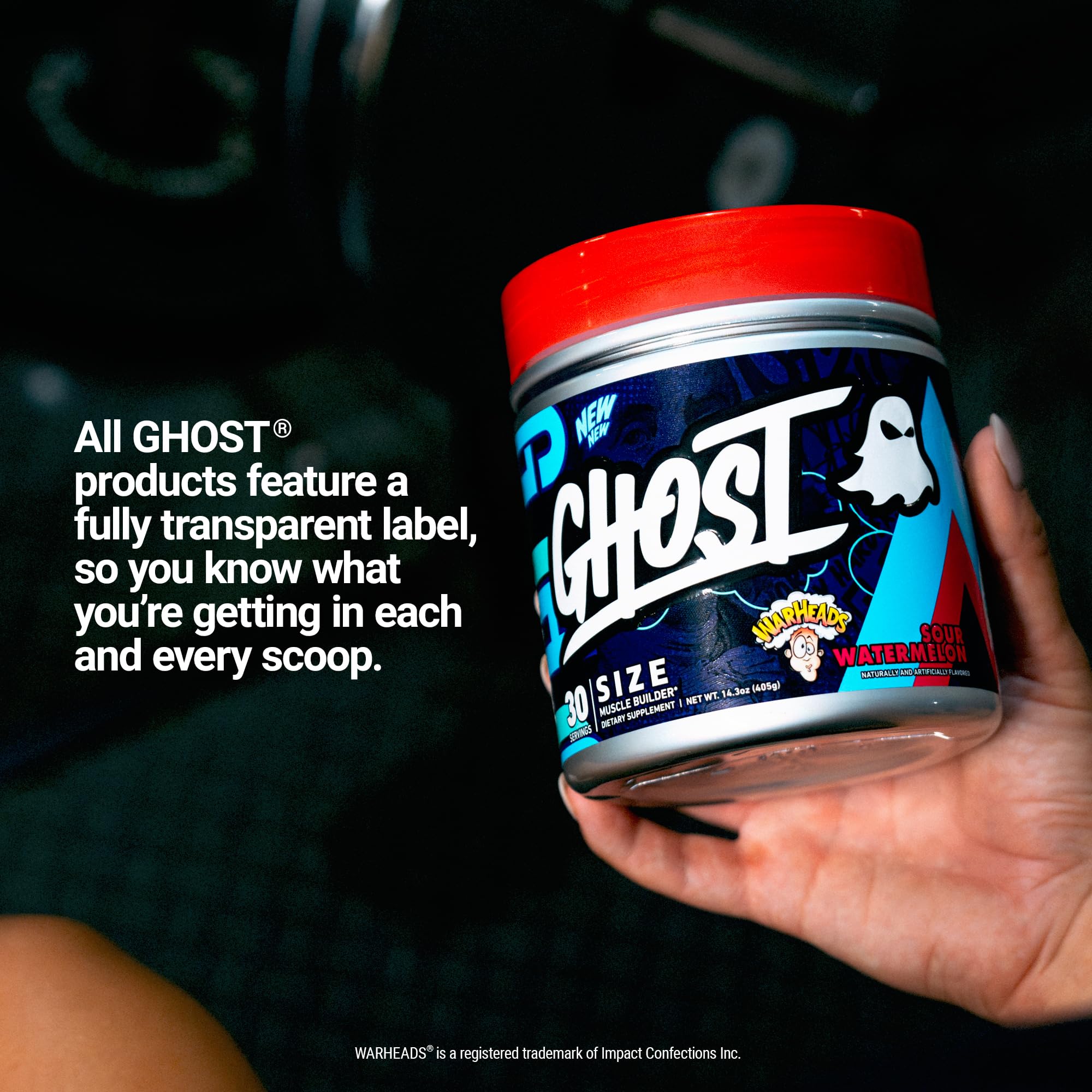 GHOST etiqueta transparente con ingredientes y dosis visibles para confianza del usuario
