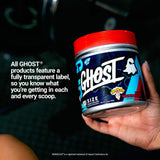 GHOST etiqueta transparente con ingredientes y dosis visibles para confianza del usuario