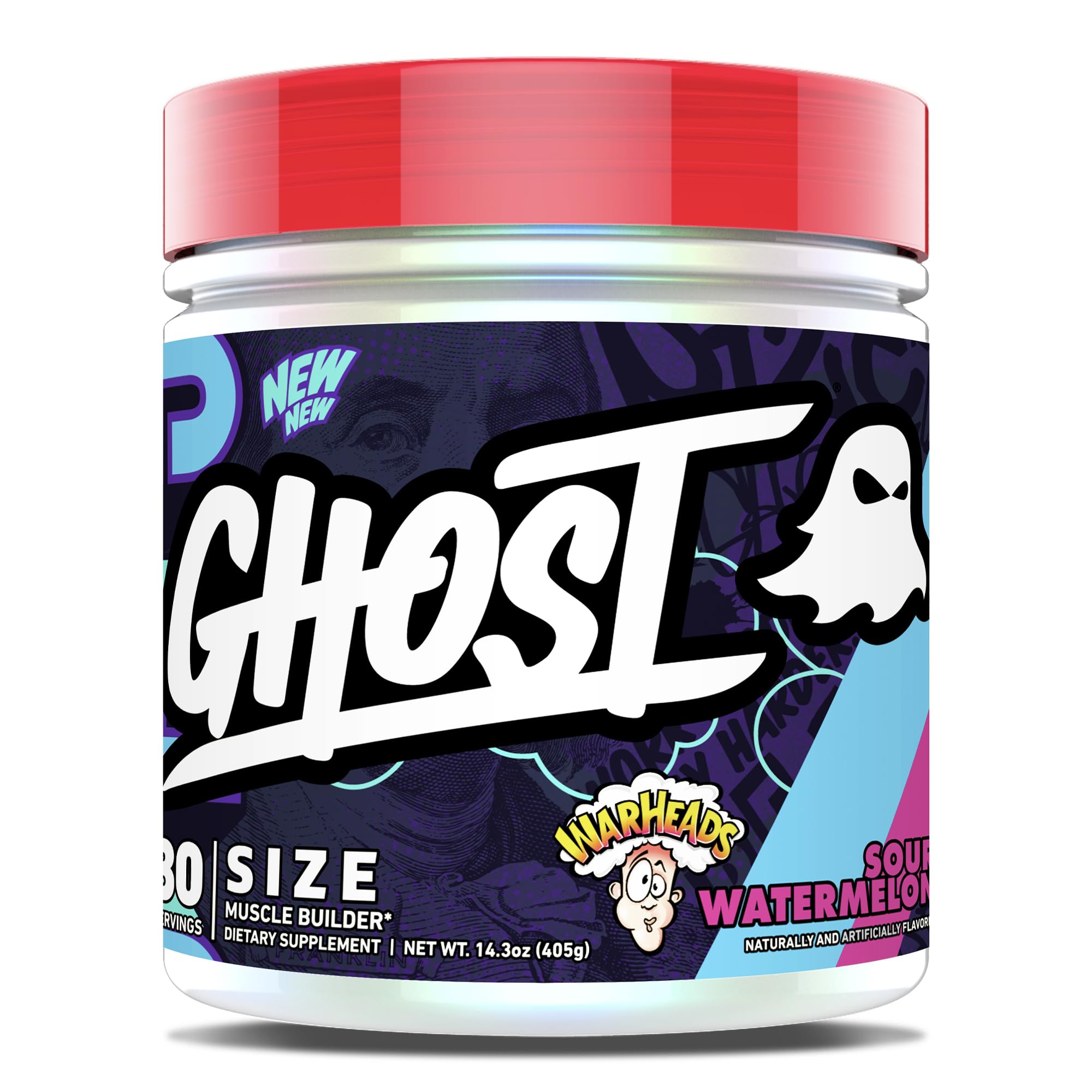 GHOST tamaño frontal del envase mostrando sabor Warheads Sour Watermelon y 30 servicios