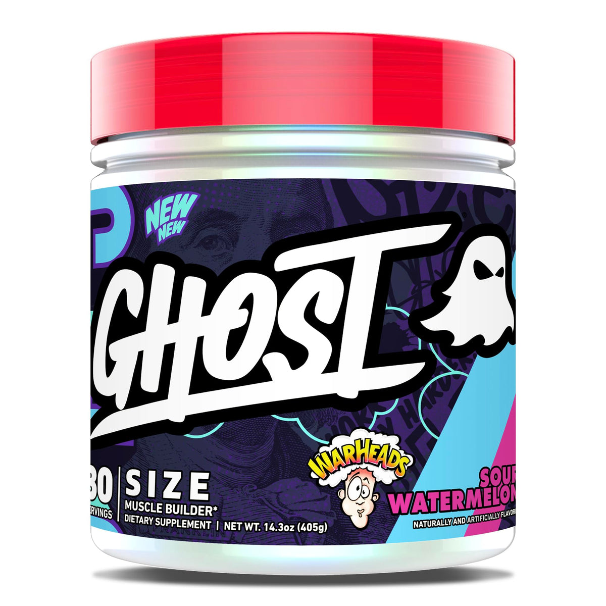 GHOST tamaño frontal del envase mostrando sabor Warheads Sour Watermelon y 30 servicios