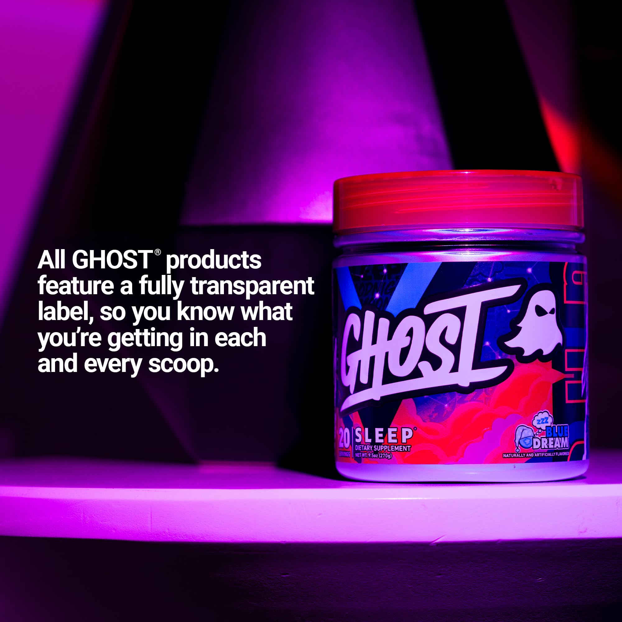 GHOST etiqueta con lista de ingredientes y transparencia de dosis