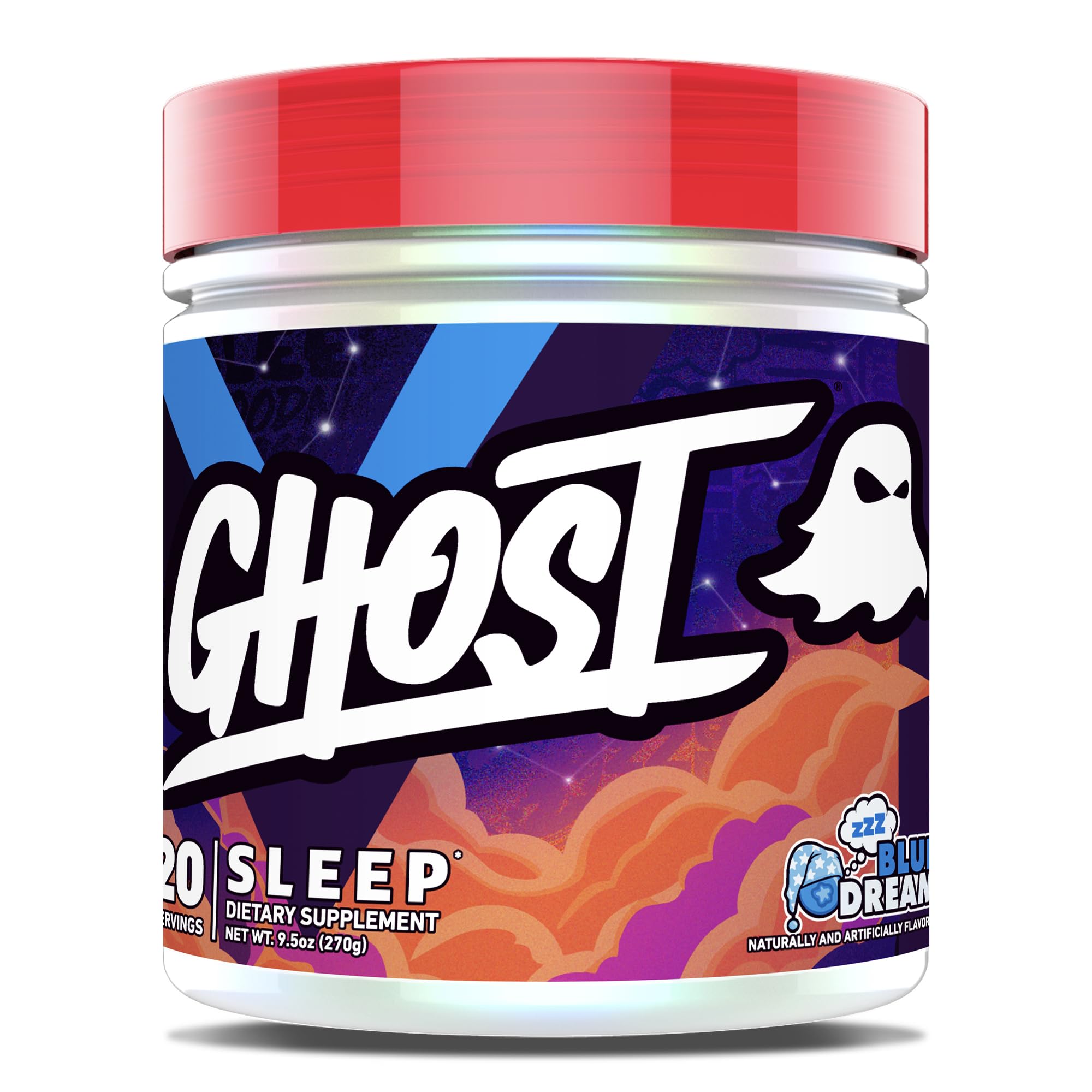 GHOST frasco frontal mostrando sabor Blue Dream y beneficio descanso