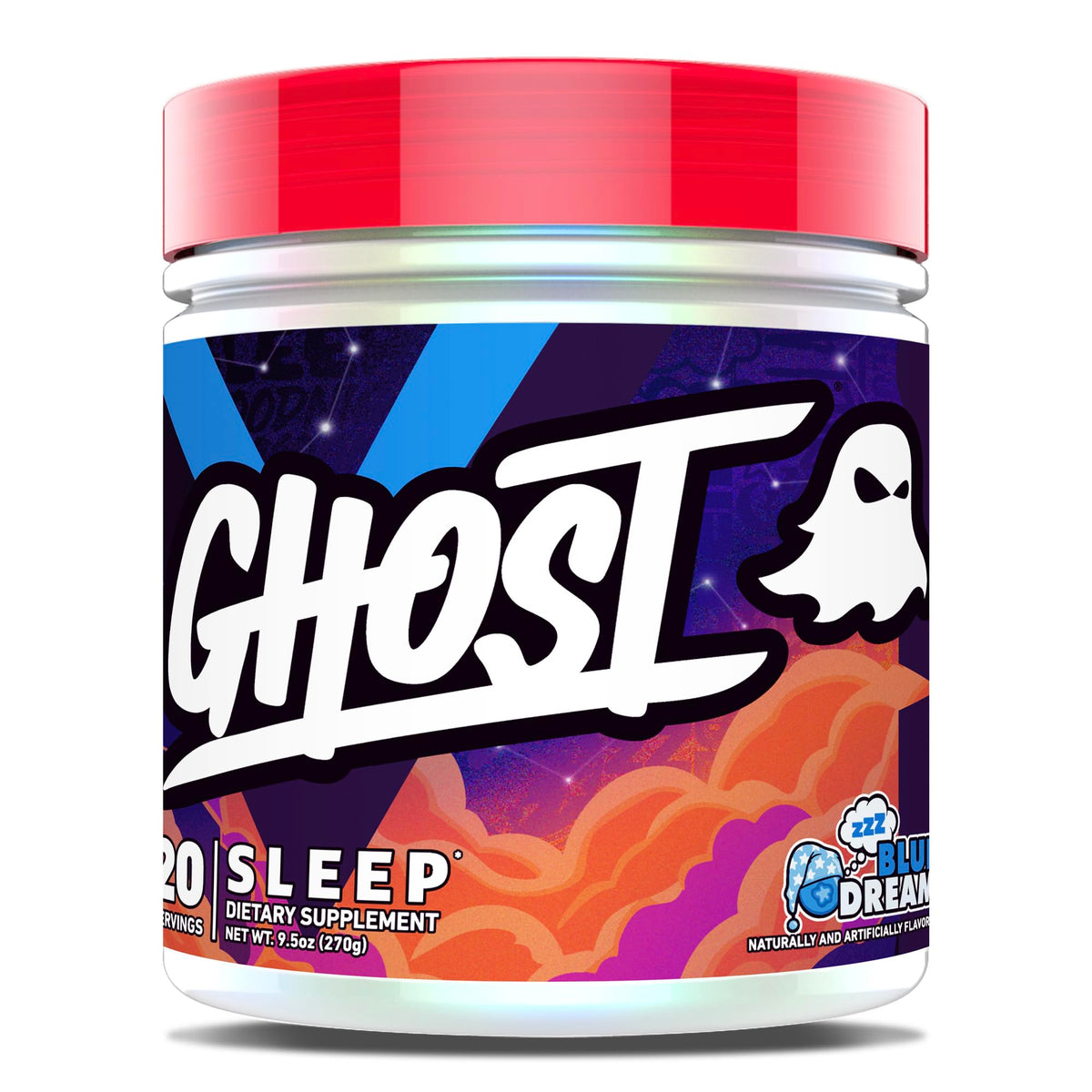 GHOST frasco frontal mostrando sabor Blue Dream y beneficio descanso