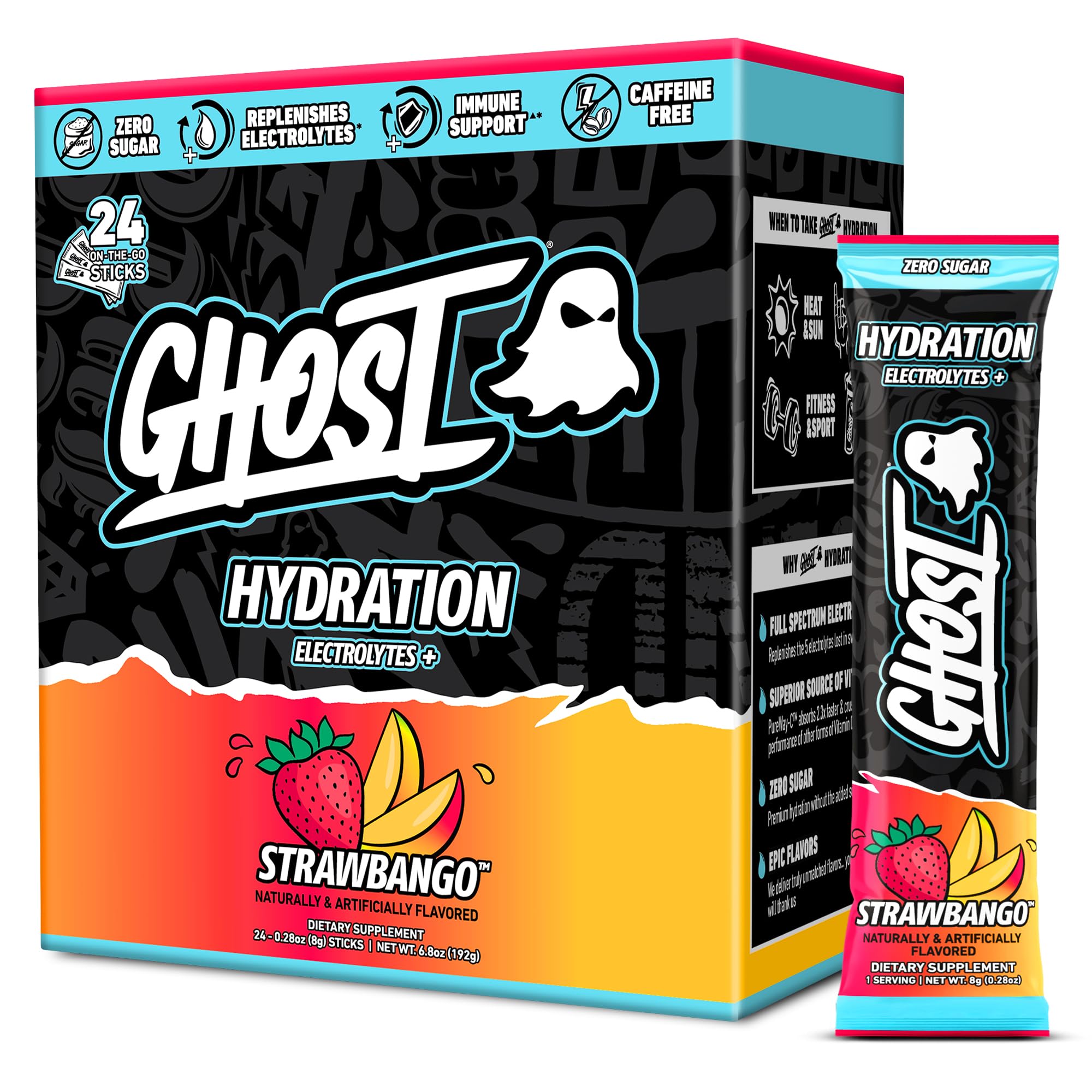 GHOST empaque frontal Strawbango mostrando 24 sobres y beneficio portátil