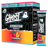 GHOST empaque frontal Strawbango mostrando 24 sobres y beneficio portátil