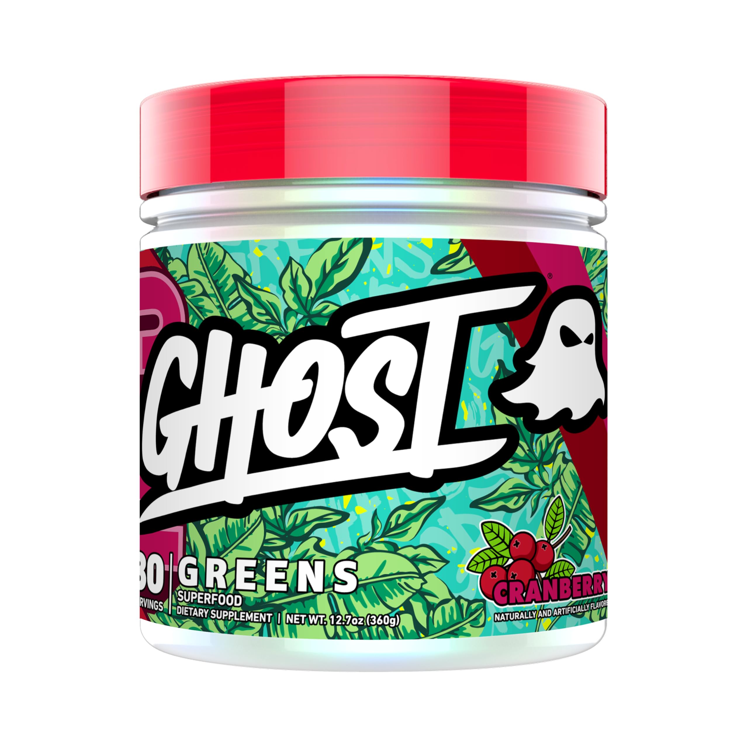 GHOST tarro frontal Cranberry mostrando etiqueta transparente y beneficios
