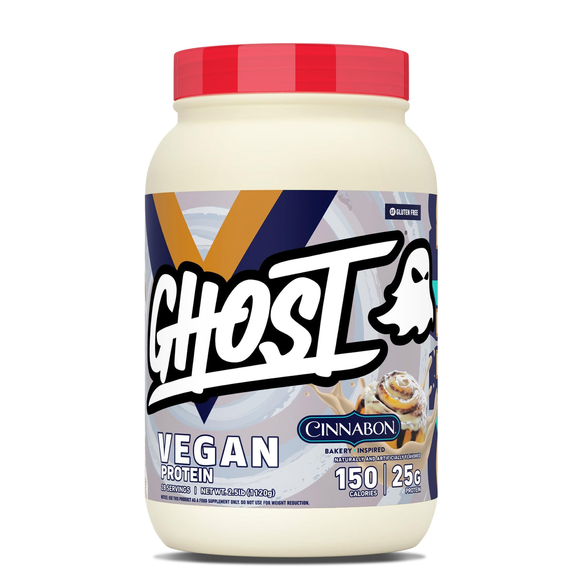 GHOST tub frontal Cinnabon mostrando etiqueta transparente y beneficio de 25g proteína