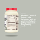 GHOST detalle de la etiqueta transparente, destaca cantidades exactas de proteína y ingredientes