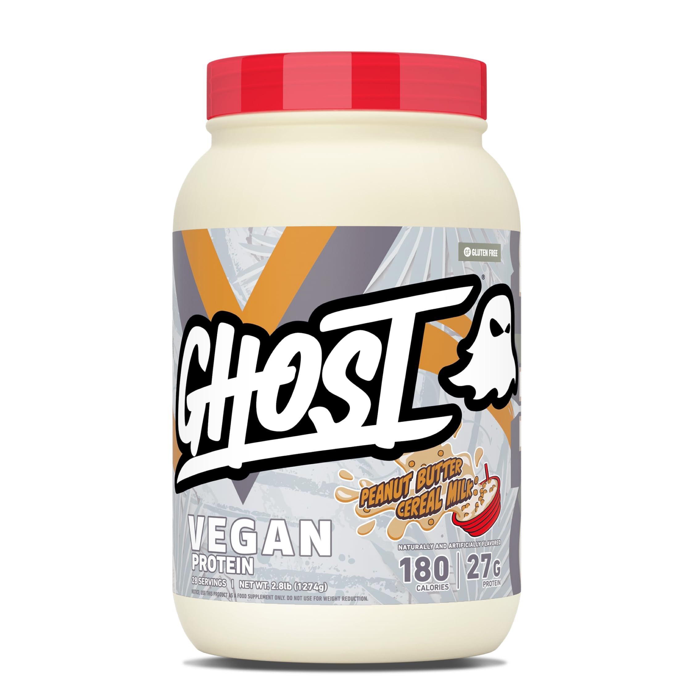GHOST envase frontal mostrando diseño y sabor Peanut Butter Cereal Milk, atractivo visual y claridad