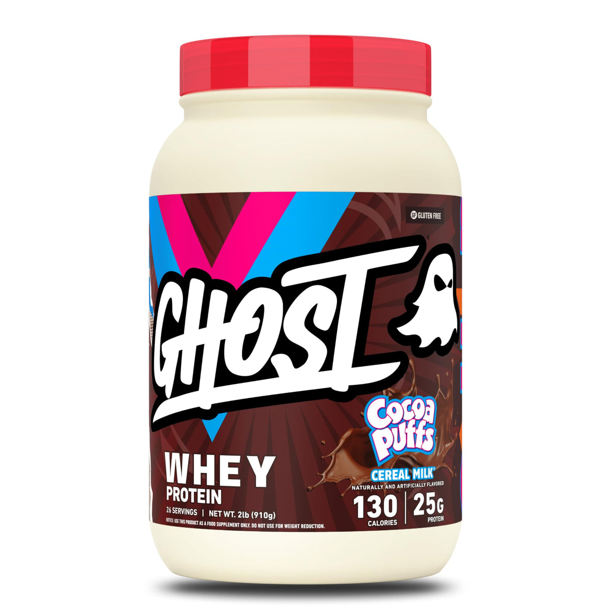 GHOST envase frontal 2 lb mostrando sabor Cocoa Puffs y beneficio de 25 g proteína