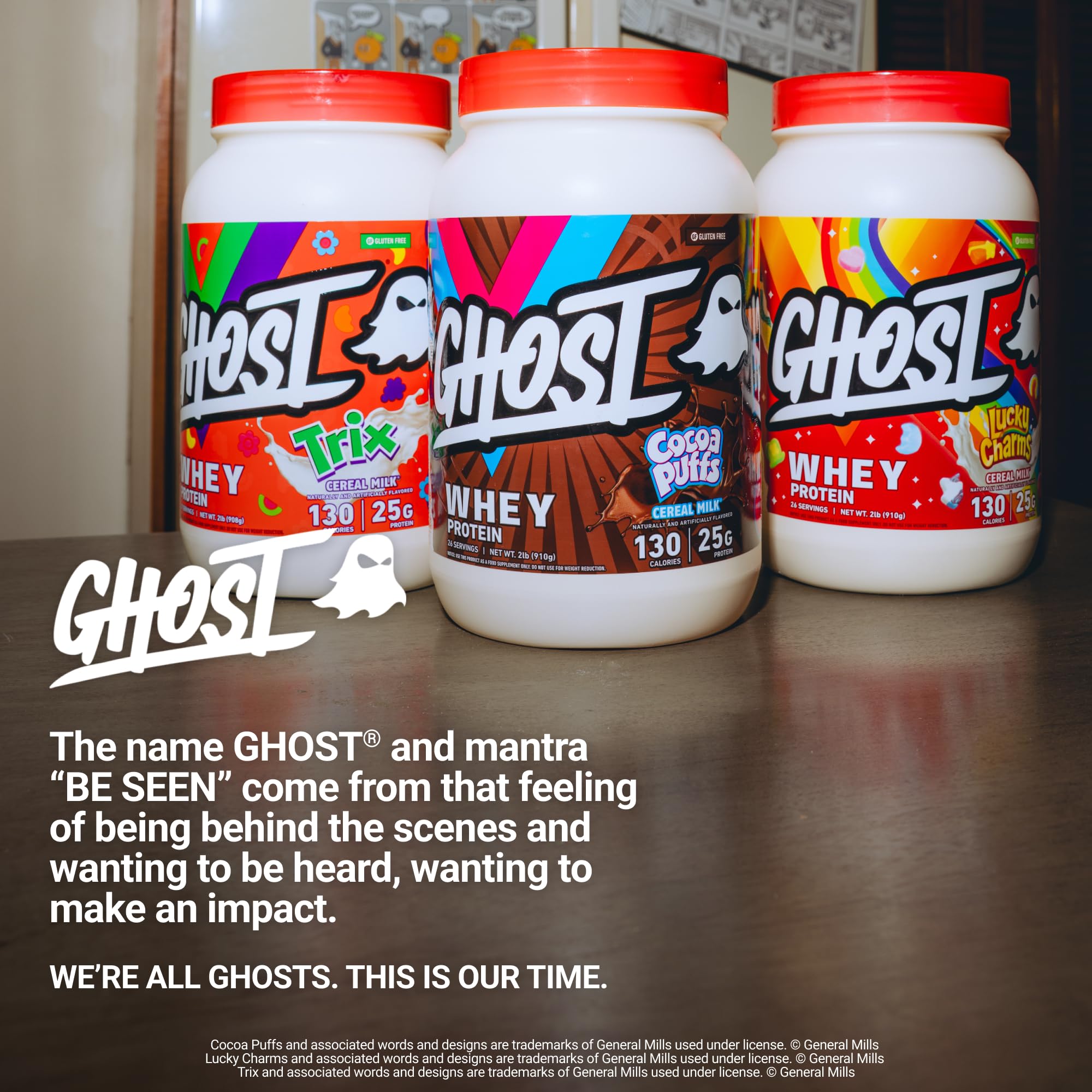 GHOST batido en mesa con cereal representando sabor inspirado en Cocoa Puffs