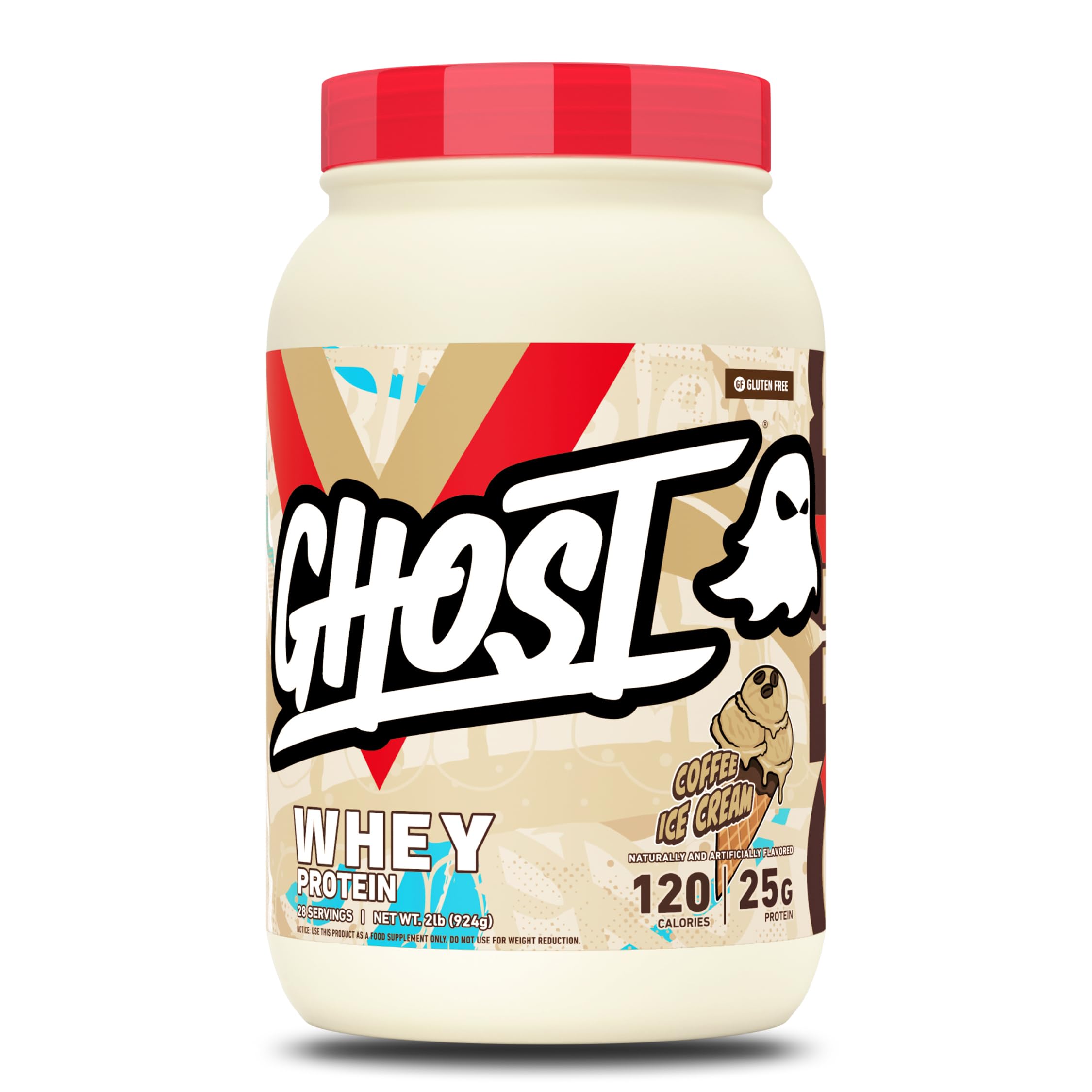GHOST envase frontal Coffee Ice Cream mostrando 25 g proteína y beneficio práctico