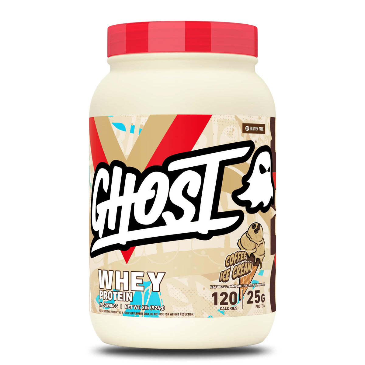 GHOST envase frontal Coffee Ice Cream mostrando 25 g proteína y beneficio práctico