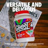 Close-up del polvo GHOST Whey Trix mostrando textura fina y solubilidad alta para batidos