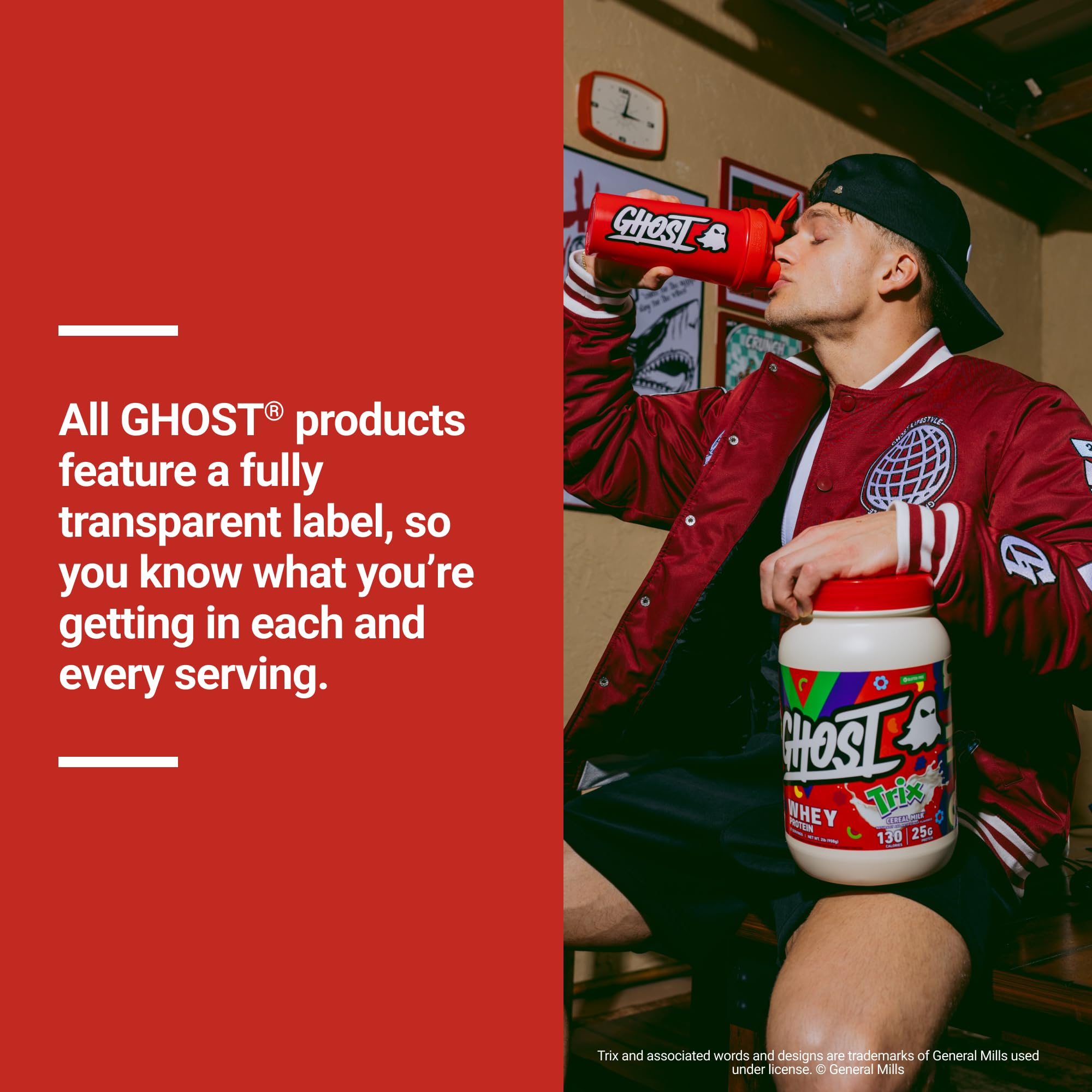 Etiqueta transparente de GHOST Whey que muestra la composición exacta y transparencia de ingredientes