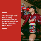 Etiqueta transparente de GHOST Whey que muestra la composición exacta y transparencia de ingredientes
