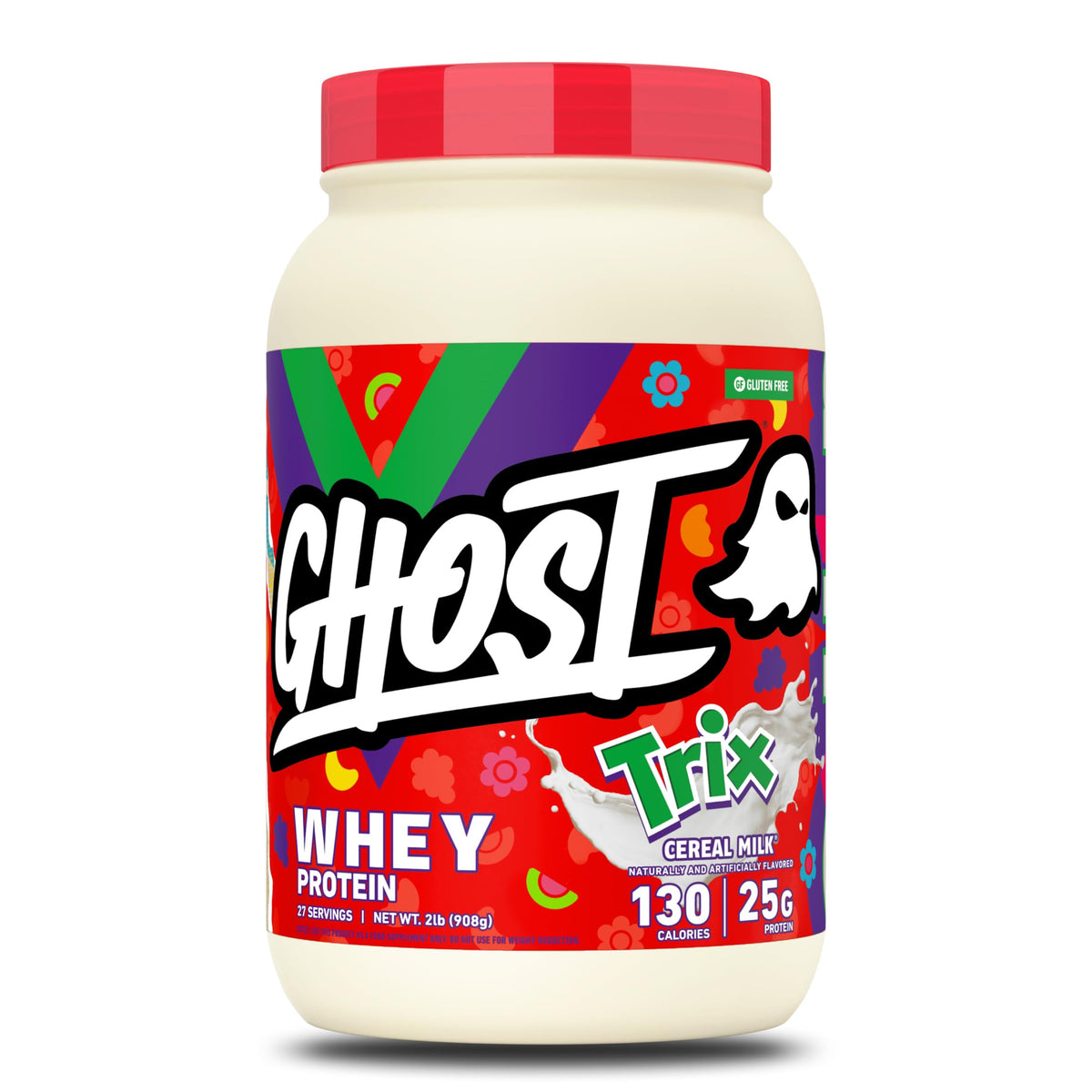 GHOST Whey frente del tarro mostrando el diseño y sabor Trix Cereal Milk, atractivo y claro