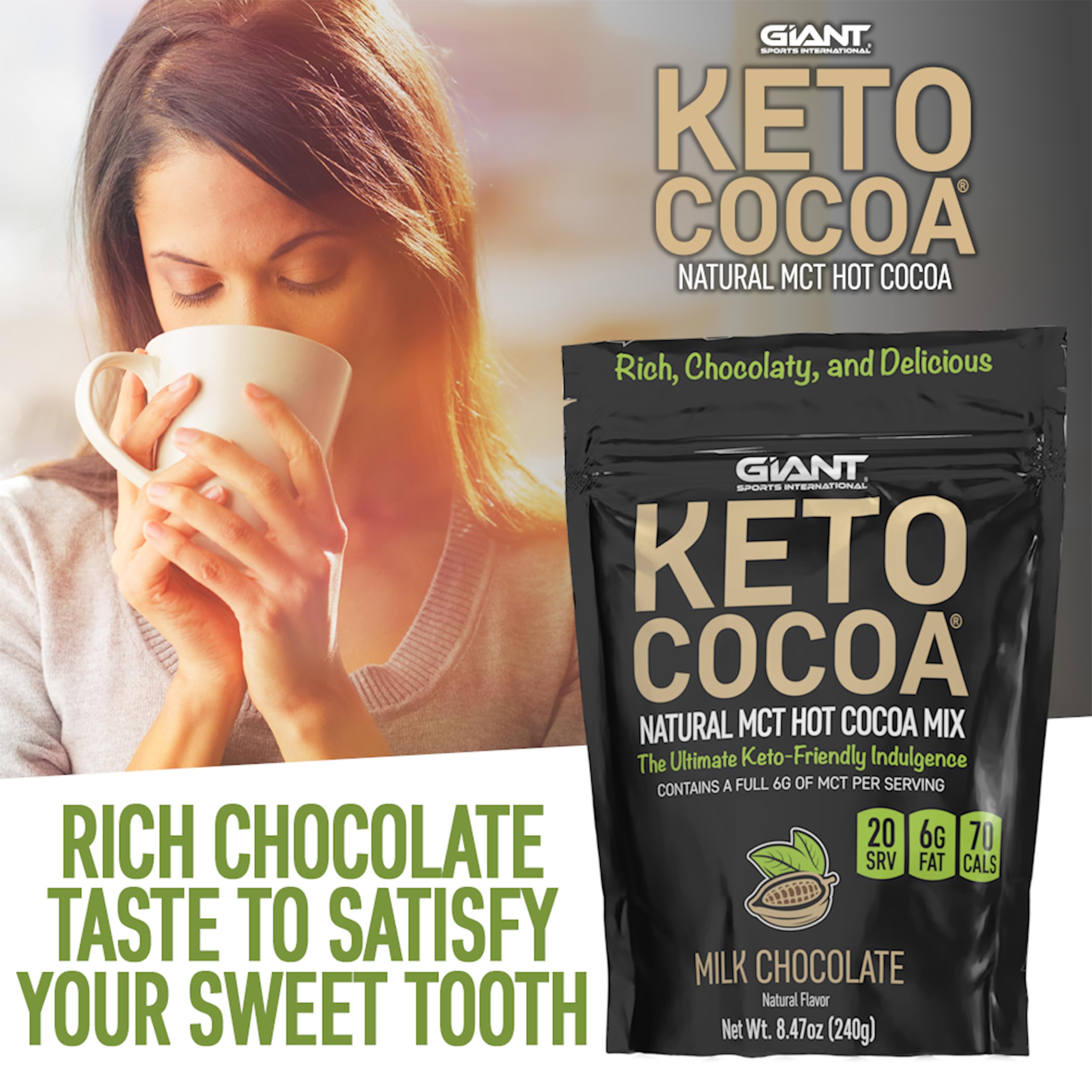 Giant Keto Cocoa mezclado en café para un mocha cetogénico con energía sostenida