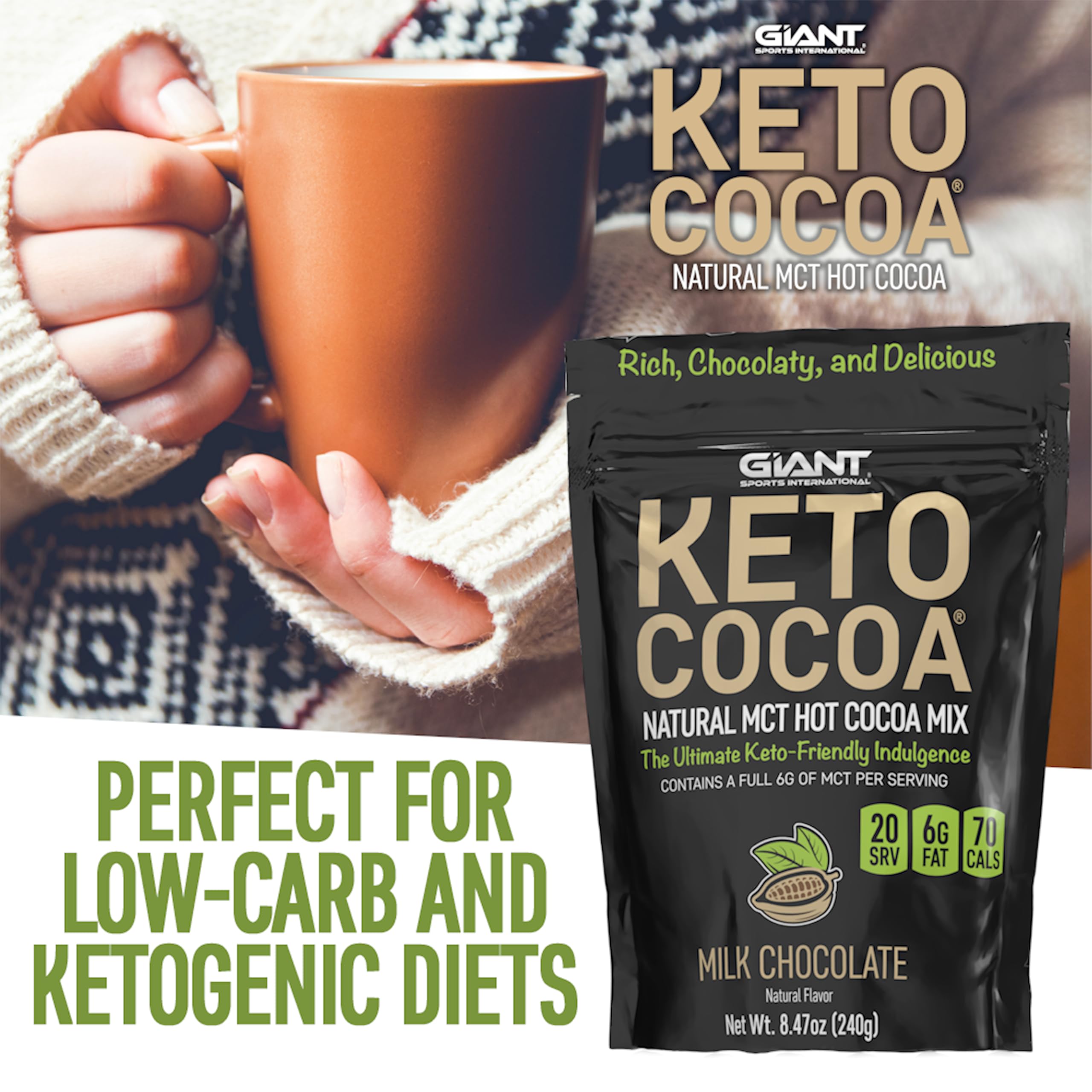 Polvo de Keto Cocoa cerca para ver textura fina de cacao y mezcla con MCT