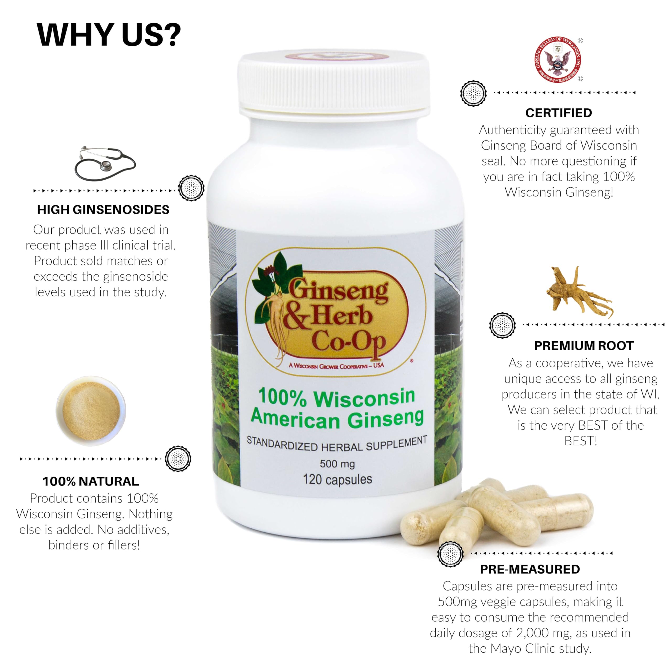 GINSENG & HERB CO-OP detalle de etiqueta con información de origen y dosificación