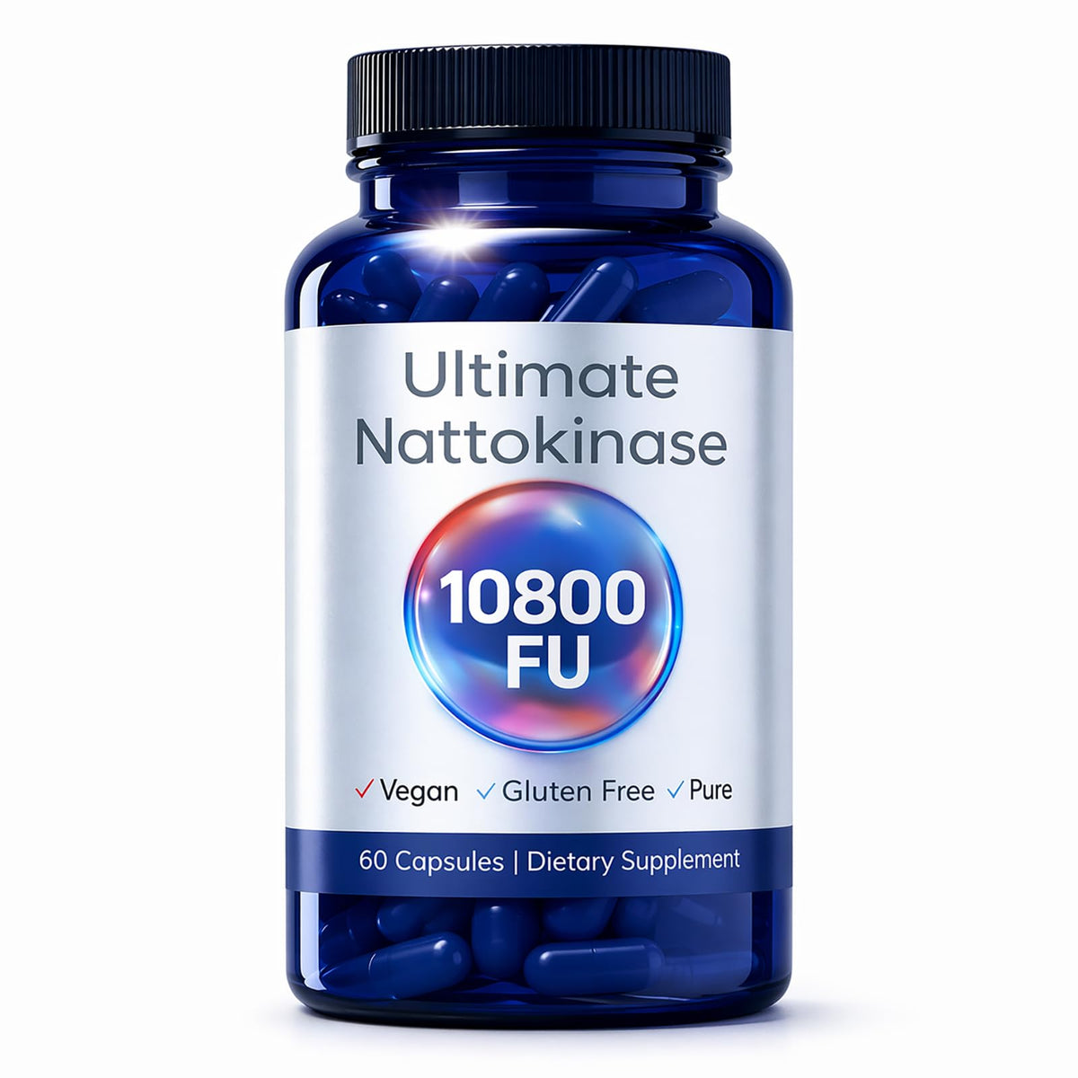 Envase GizmoBox Ultimate Nattokinase 10800 FU mostrado frontalmente, claridad de etiqueta y potencia