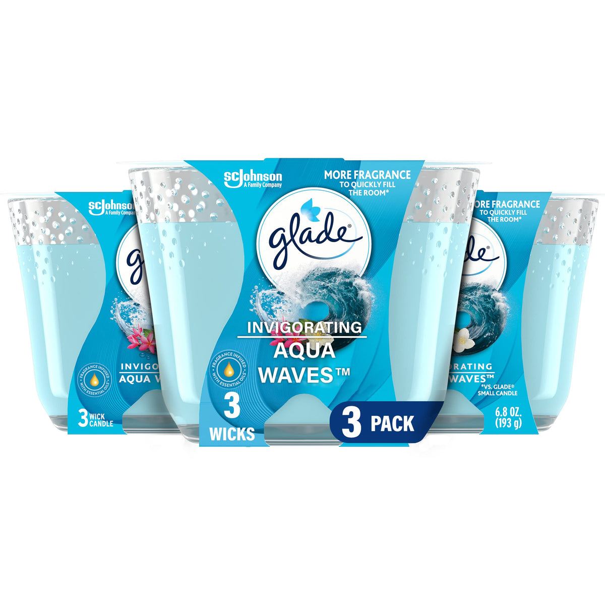 Glade frontal del empaque mostrando aroma aqua waves y conteo triple