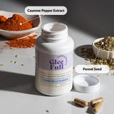 GleeFull Meno Belly Flusher frasco en mano para comparar tamaño y planificar rutina diaria