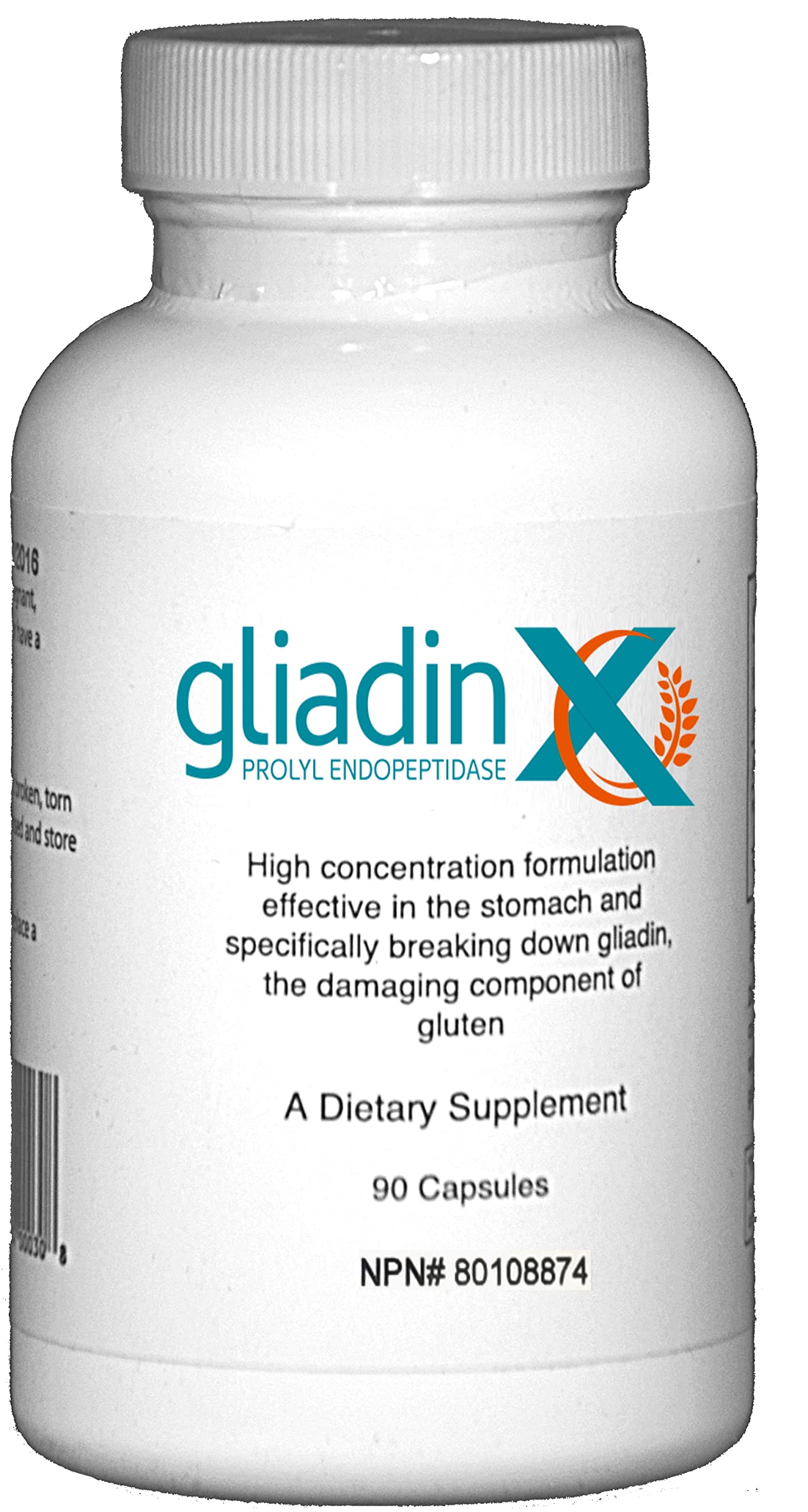 GliadinX frasco frontal mostrando etiqueta clara y beneficio de respaldo sin gluten