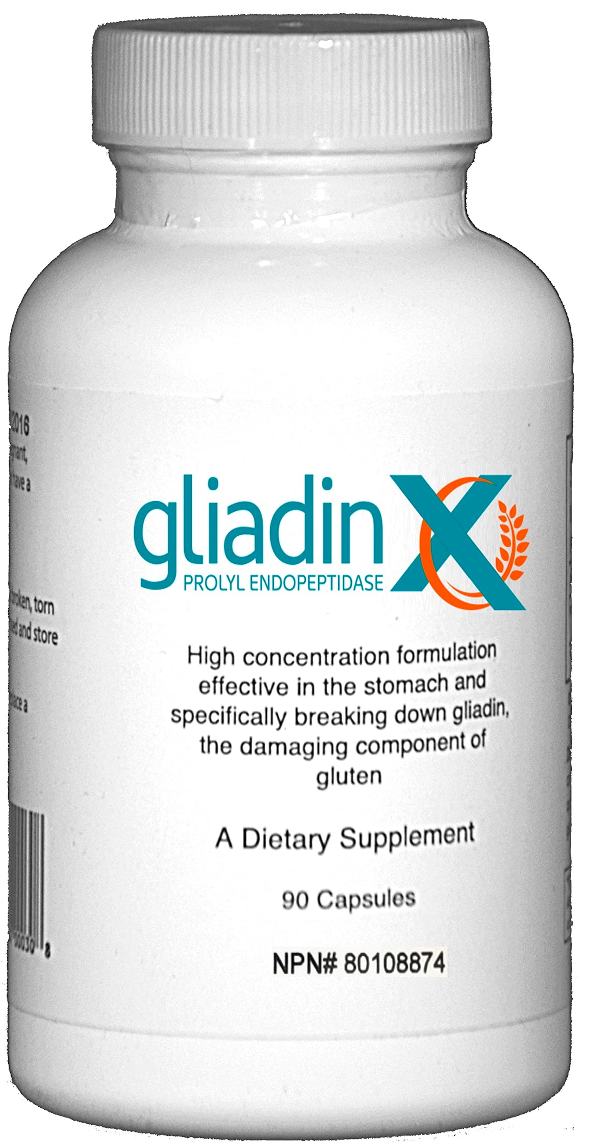 GliadinX frasco frontal mostrando etiqueta clara y beneficio de respaldo sin gluten