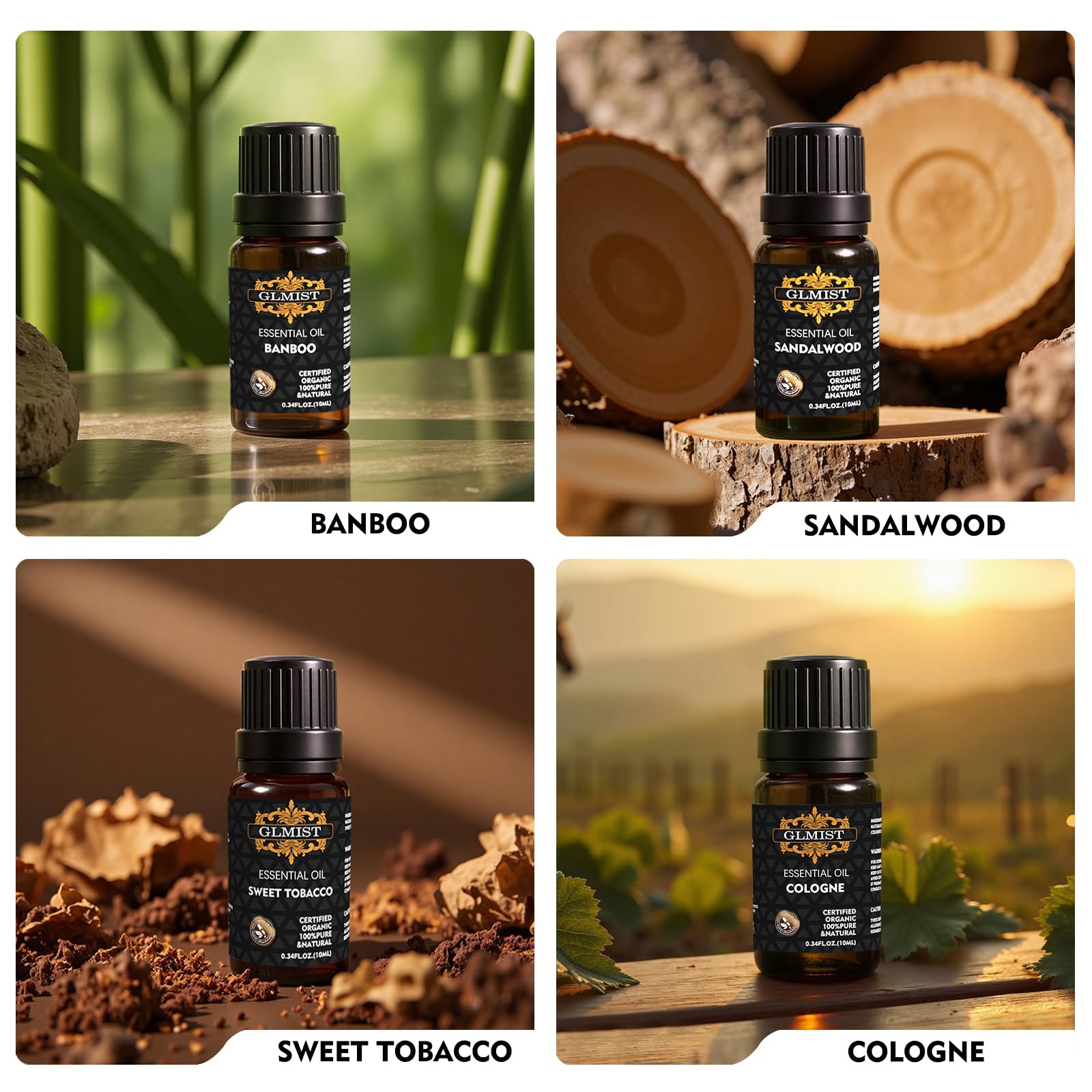 GLMIST botellas dispuestas sobre mesa para comparar aromas y presentación