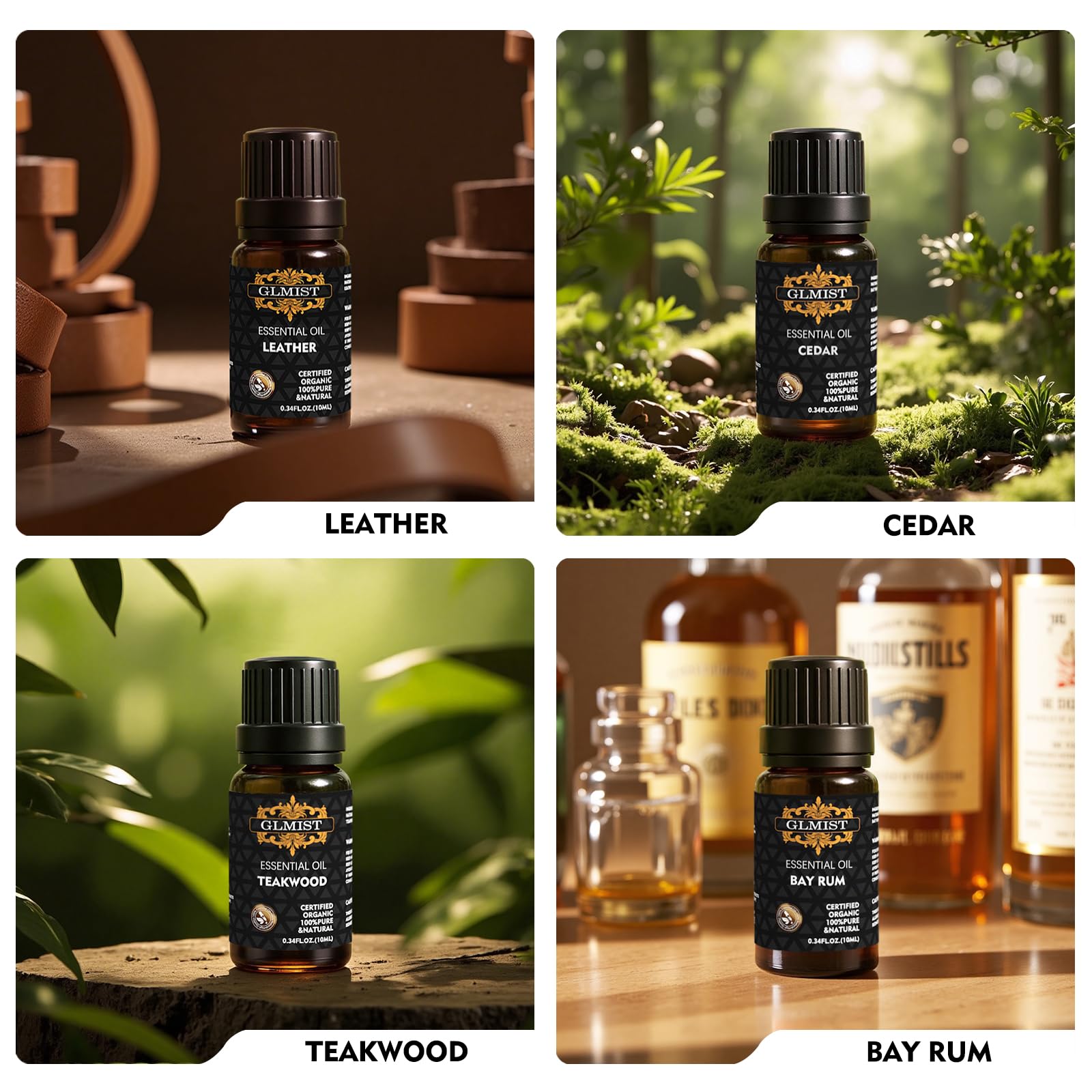 GLMIST etiqueta del aroma Leather en primer plano resaltando carácter