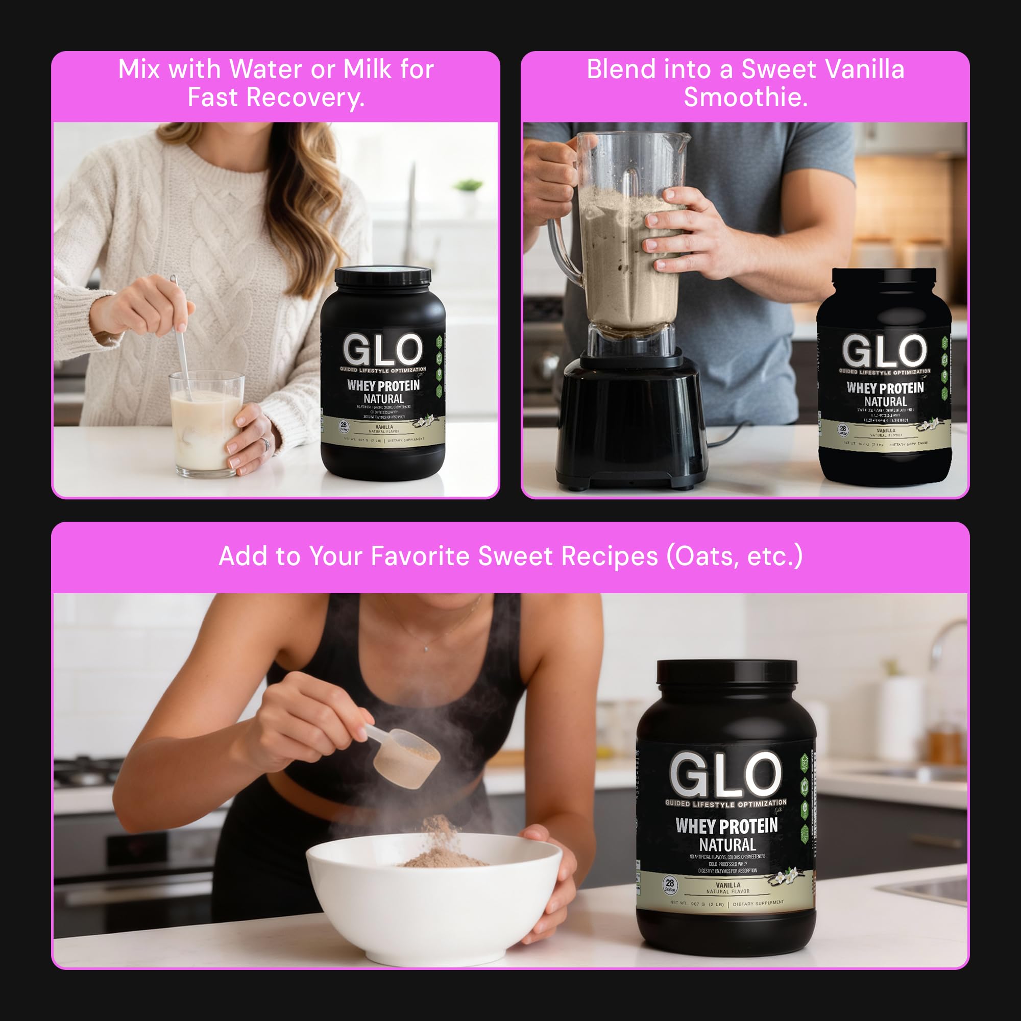 GLO closeup de etiqueta con ingredientes y beneficios visibles