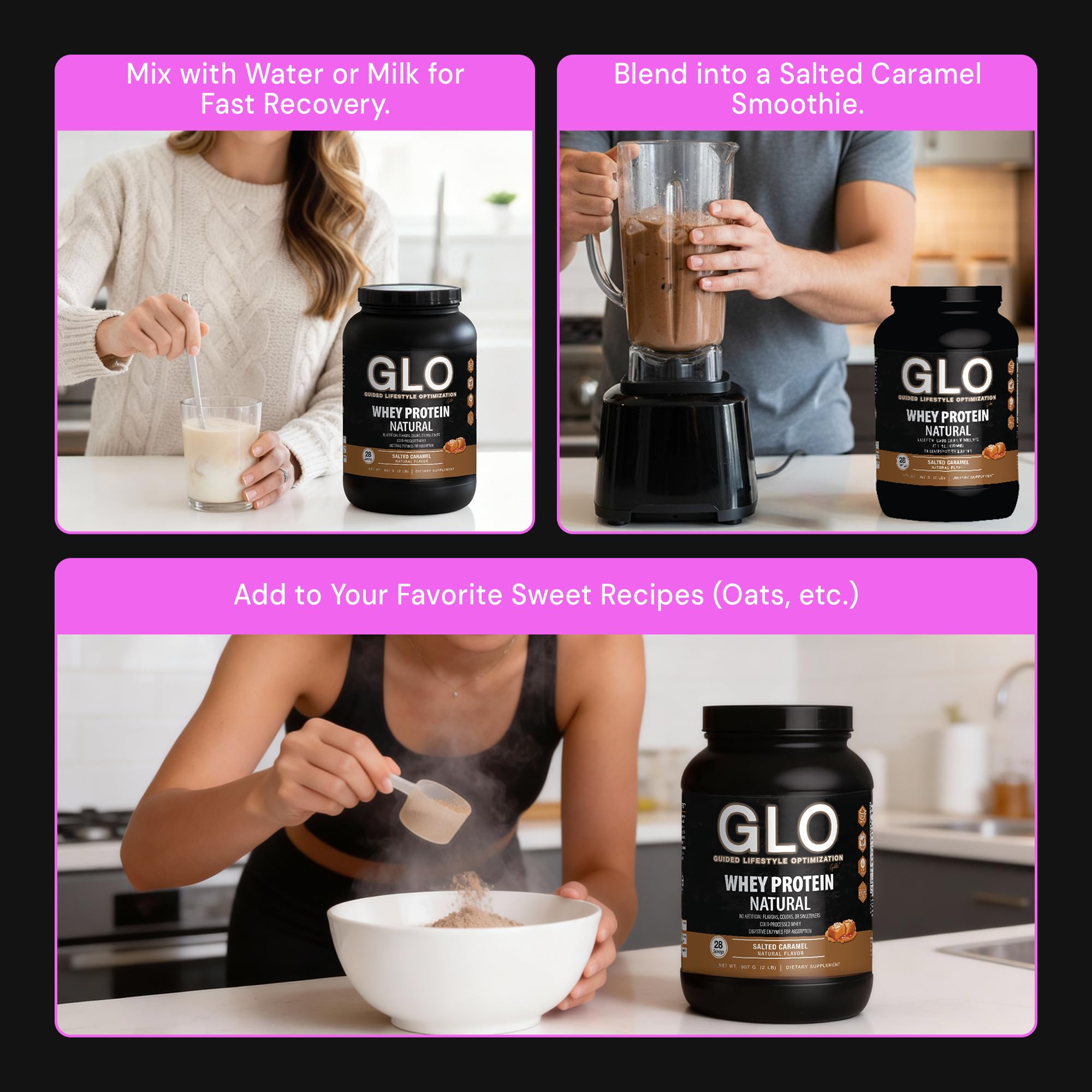 GLO etiqueta nutricional detalle, información clara de 24 g proteína