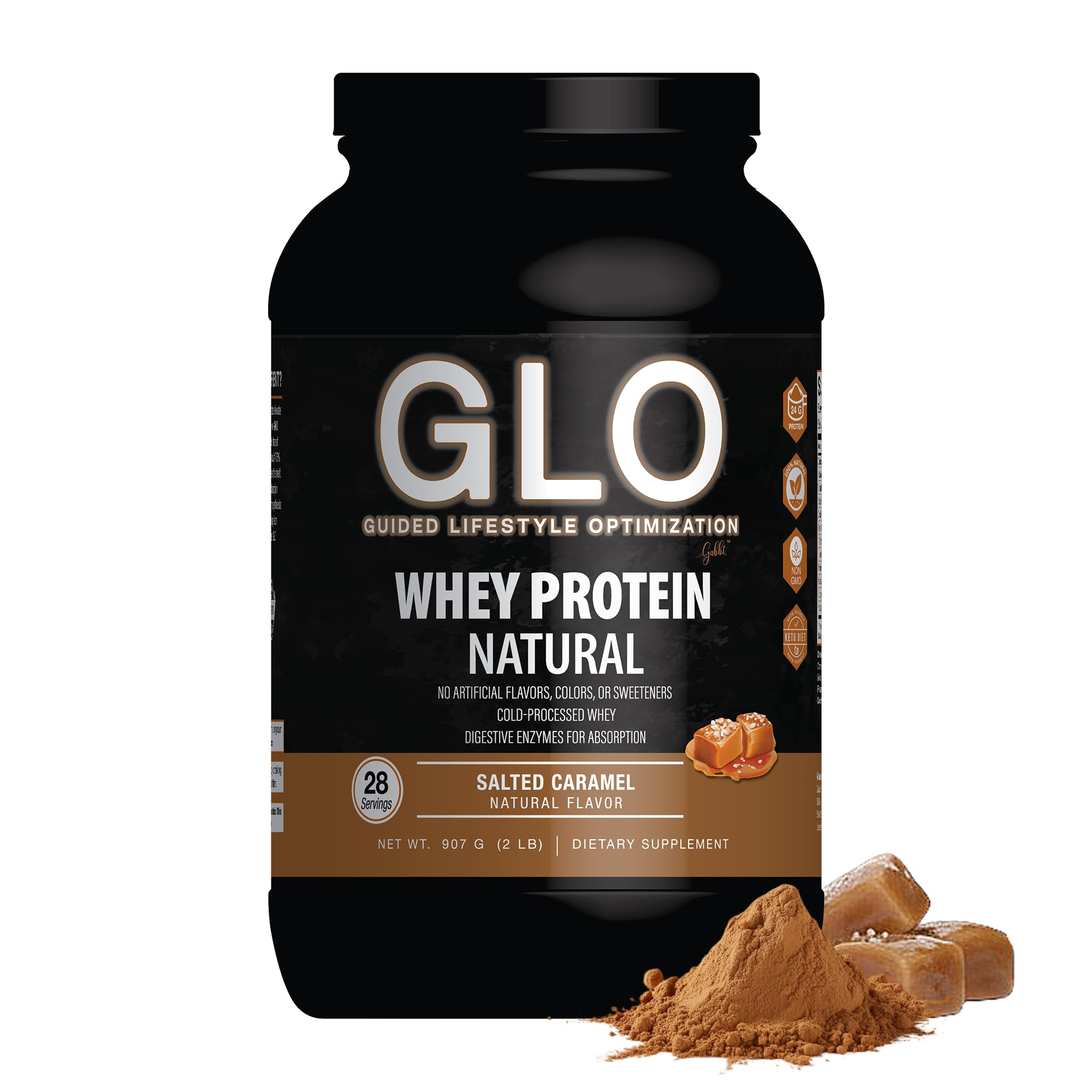 GLO envase frontal caramelo salado mostrando sabor y beneficio proteico