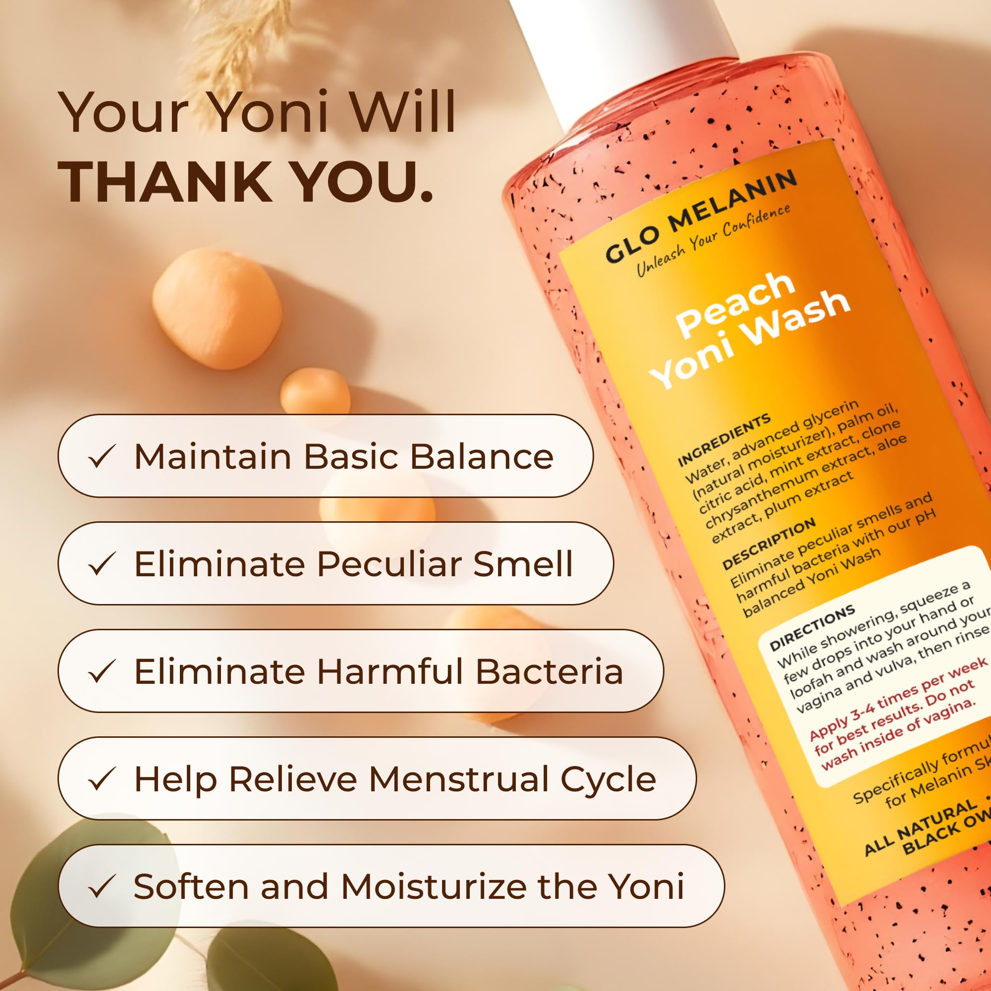 Glo Melanin etiqueta con ingredientes naturales y pH balanceado