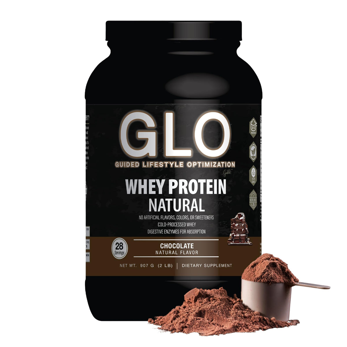 GLO presentación frontal del envase mostrando sabor chocolate y tamaño 2 lb