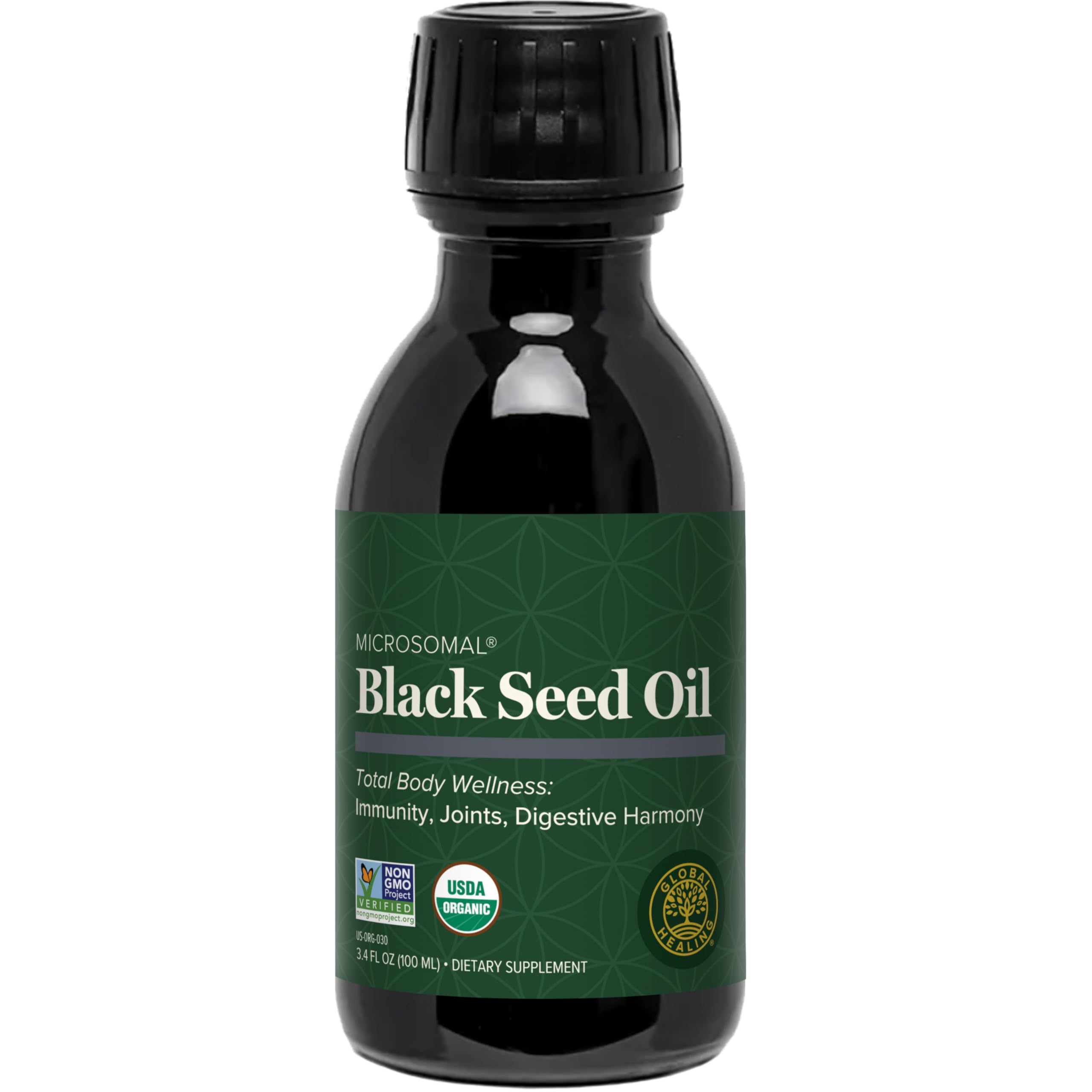 Global Healing Center botella frontal de aceite de semilla negra, pureza preservada