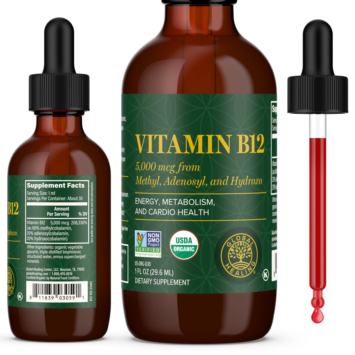Global Healing Center envase frontal B12 muestra concentración y beneficio energético