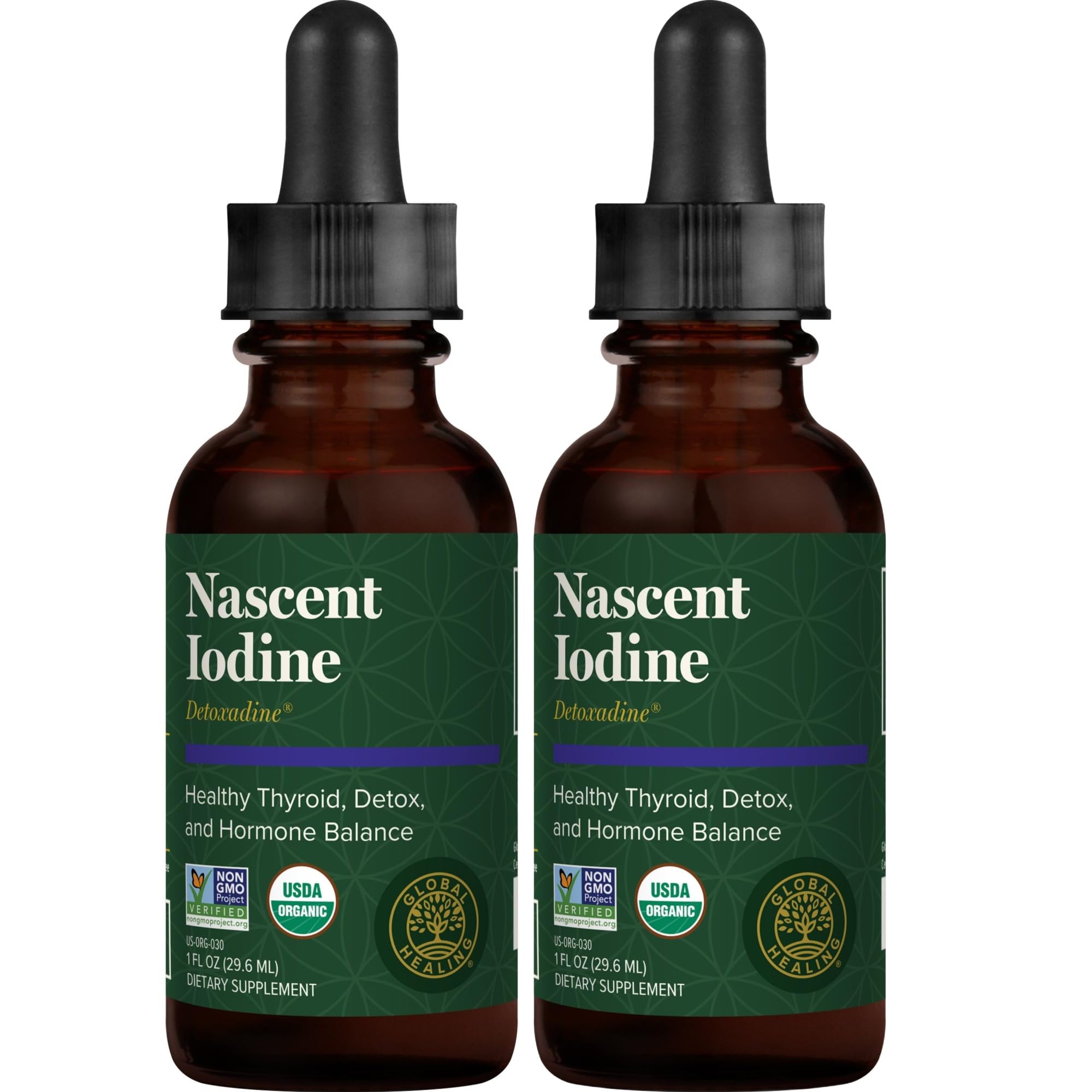 Global Healing Center frasco Detoxadine frente mostrando etiqueta y beneficio práctico
