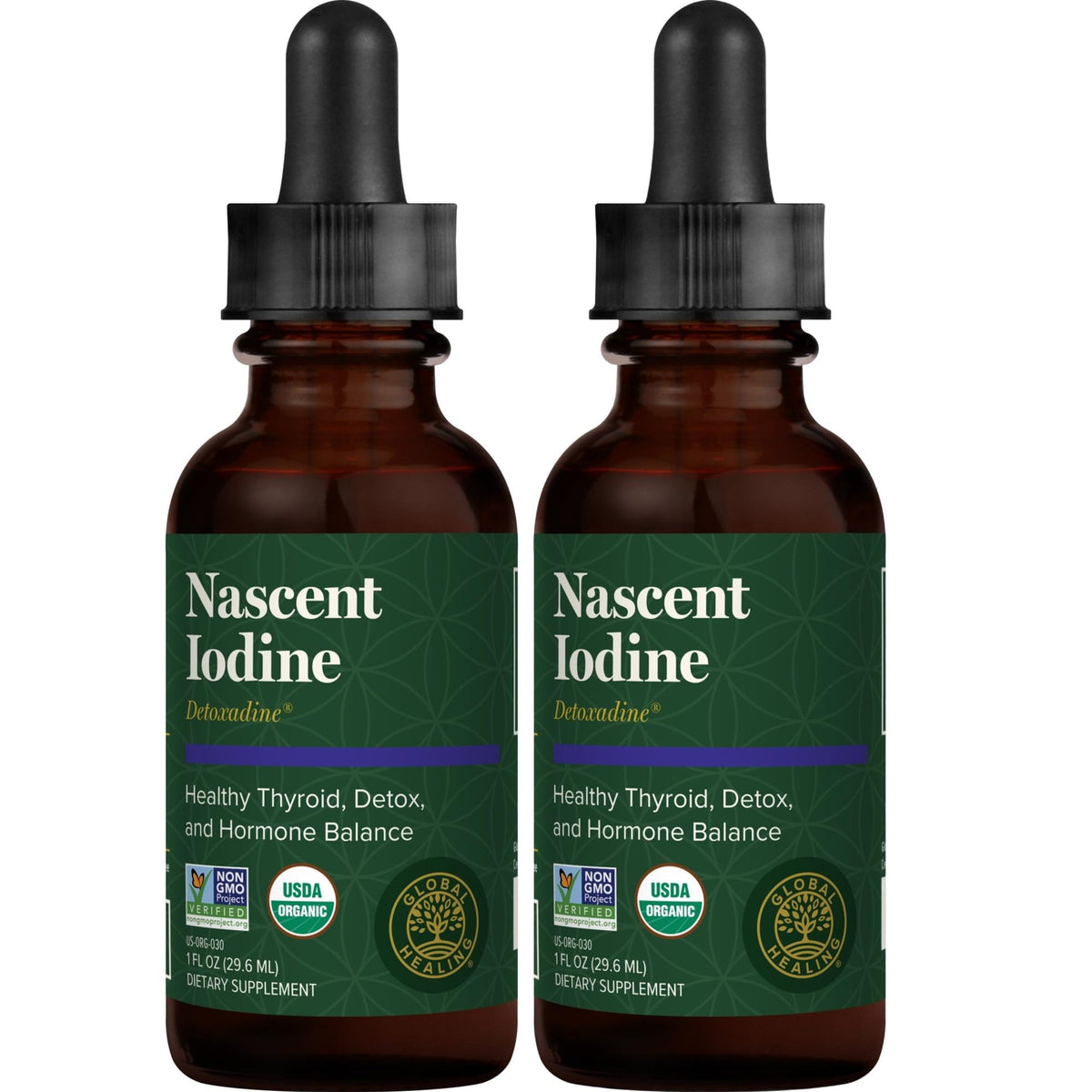 Global Healing Center frasco Detoxadine frente mostrando etiqueta y beneficio práctico
