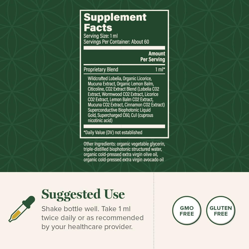 Global Healing Center etiqueta con ingredientes y detalles de fabricación cGMP